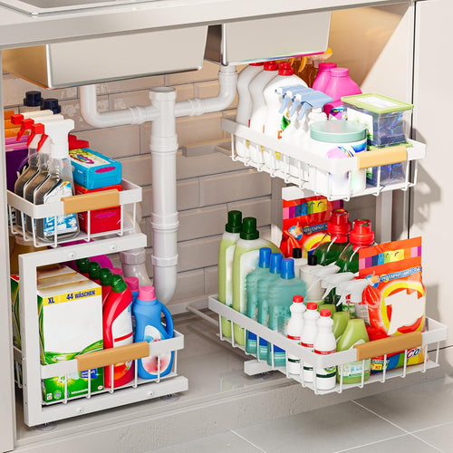Maximize Your Space with Our Expandable Under Sink Organizer - 2 Tier White Storage Solution