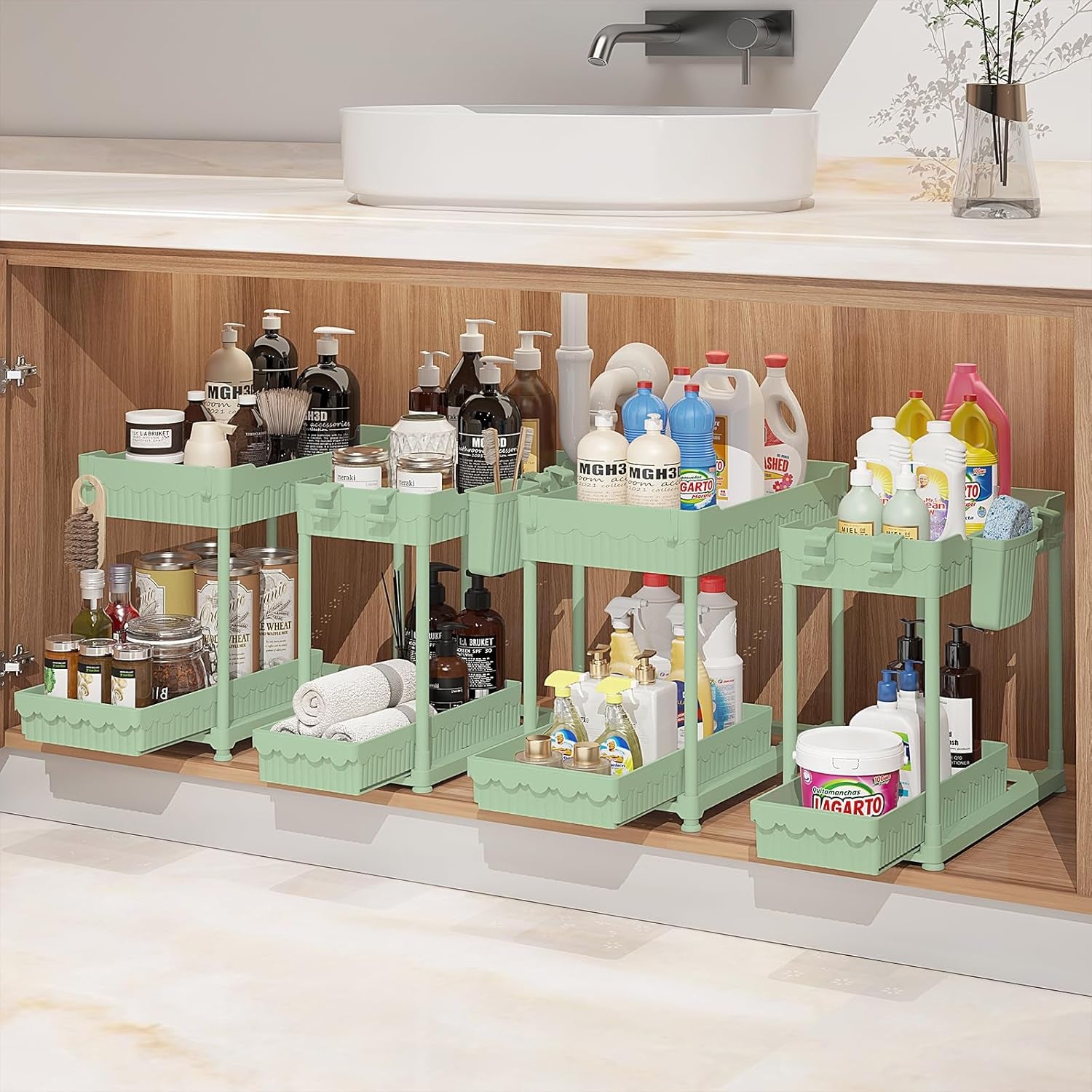 4 Pack under Sink Organizer, Bathroom Organizers and Storage, 2 Tier Multi-Use Pull Out Cabinet Organizer with Hang Hooks and Cups (Black, 4 Pack)