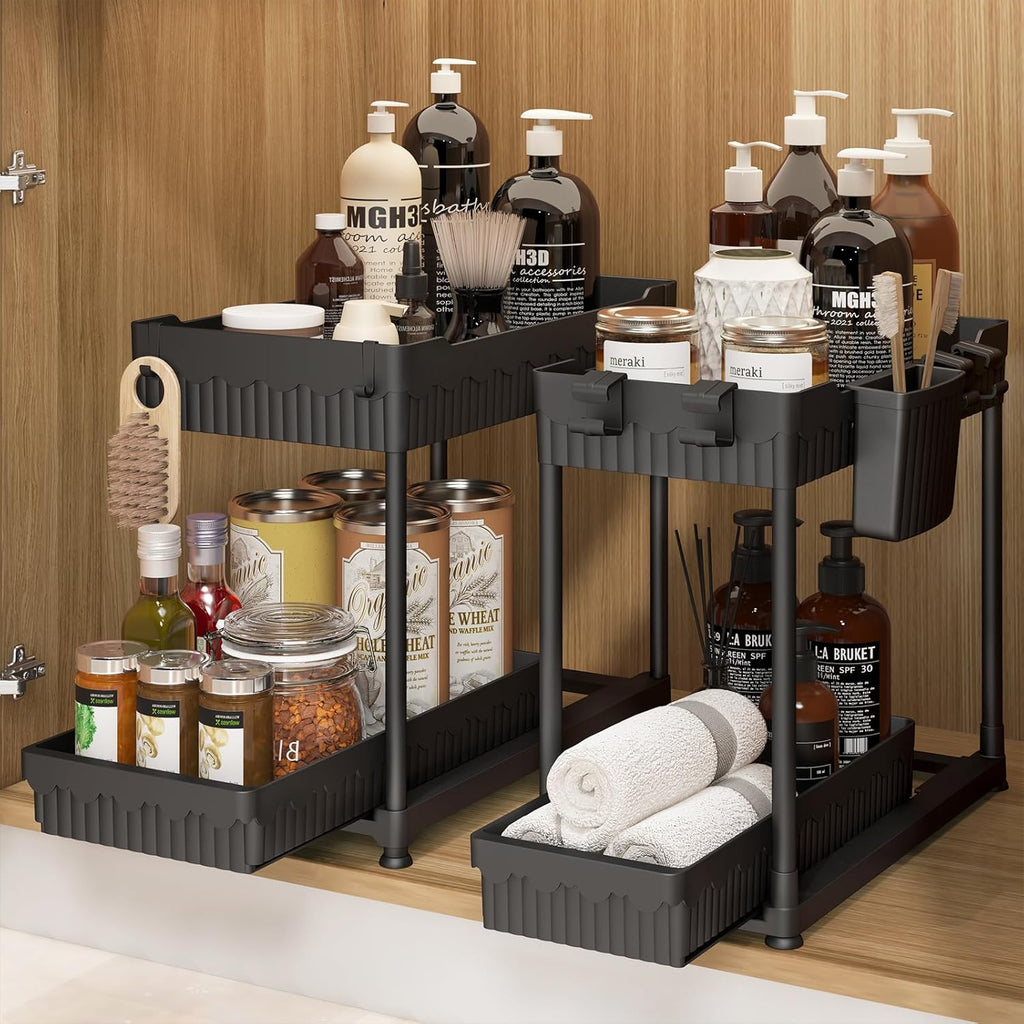 4 Pack under Sink Organizer, Bathroom Organizers and Storage, 2 Tier Multi-Use Pull Out Cabinet Organizer with Hang Hooks and Cups (Black, 4 Pack)
