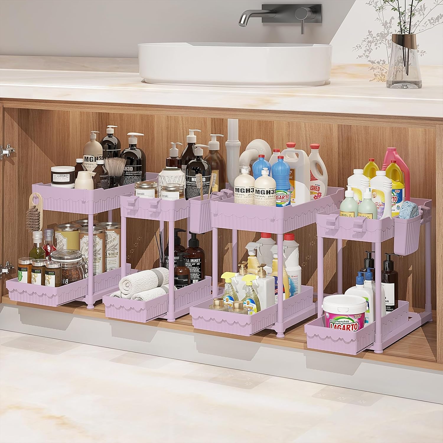 4 Pack under Sink Organizer, Bathroom Organizers and Storage, 2 Tier Multi-Use Pull Out Cabinet Organizer with Hang Hooks and Cups (Black, 4 Pack)