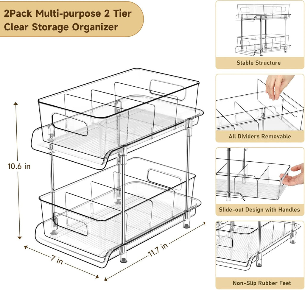 Versatile 2-Tier Clear Bathroom & Kitchen Organizer with Removable Dividers - Perfect for Under Sink and Pantry Storage