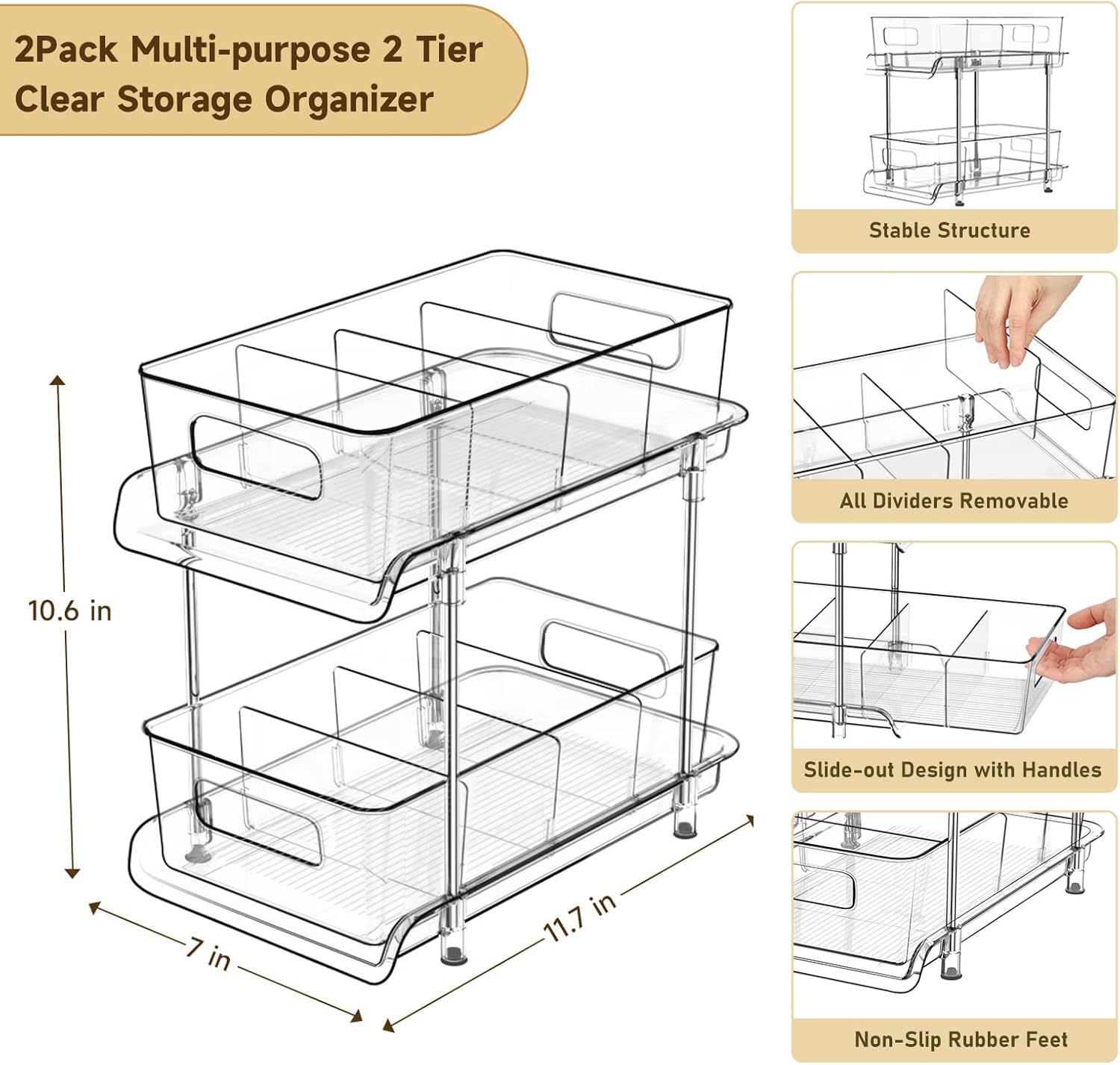 Versatile 2-Tier Clear Bathroom & Kitchen Organizer with Removable Dividers - Perfect for Under Sink and Pantry Storage