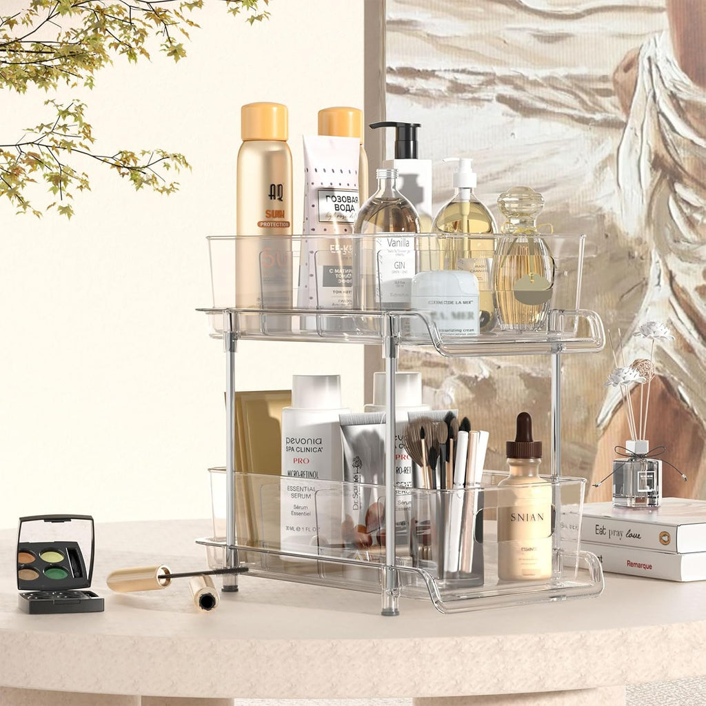 Versatile 2-Tier Clear Bathroom & Kitchen Organizer with Removable Dividers - Perfect for Under Sink and Pantry Storage