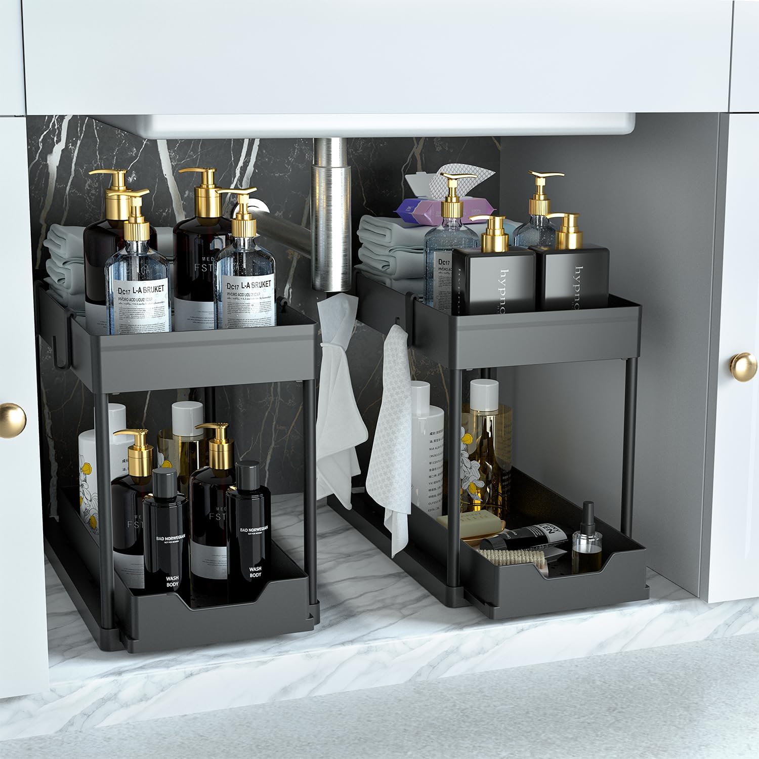 Maximize Your Space with Our 2-Tier Under Sink Organizer - Stylish Black Sliding Drawer Storage Baskets for Bathroom and Kitchen