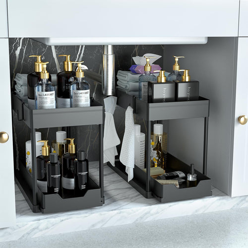 Maximize Your Space with Our 2-Tier Under Sink Organizer - Stylish Black Sliding Drawer Storage Baskets for Bathroom and Kitchen
