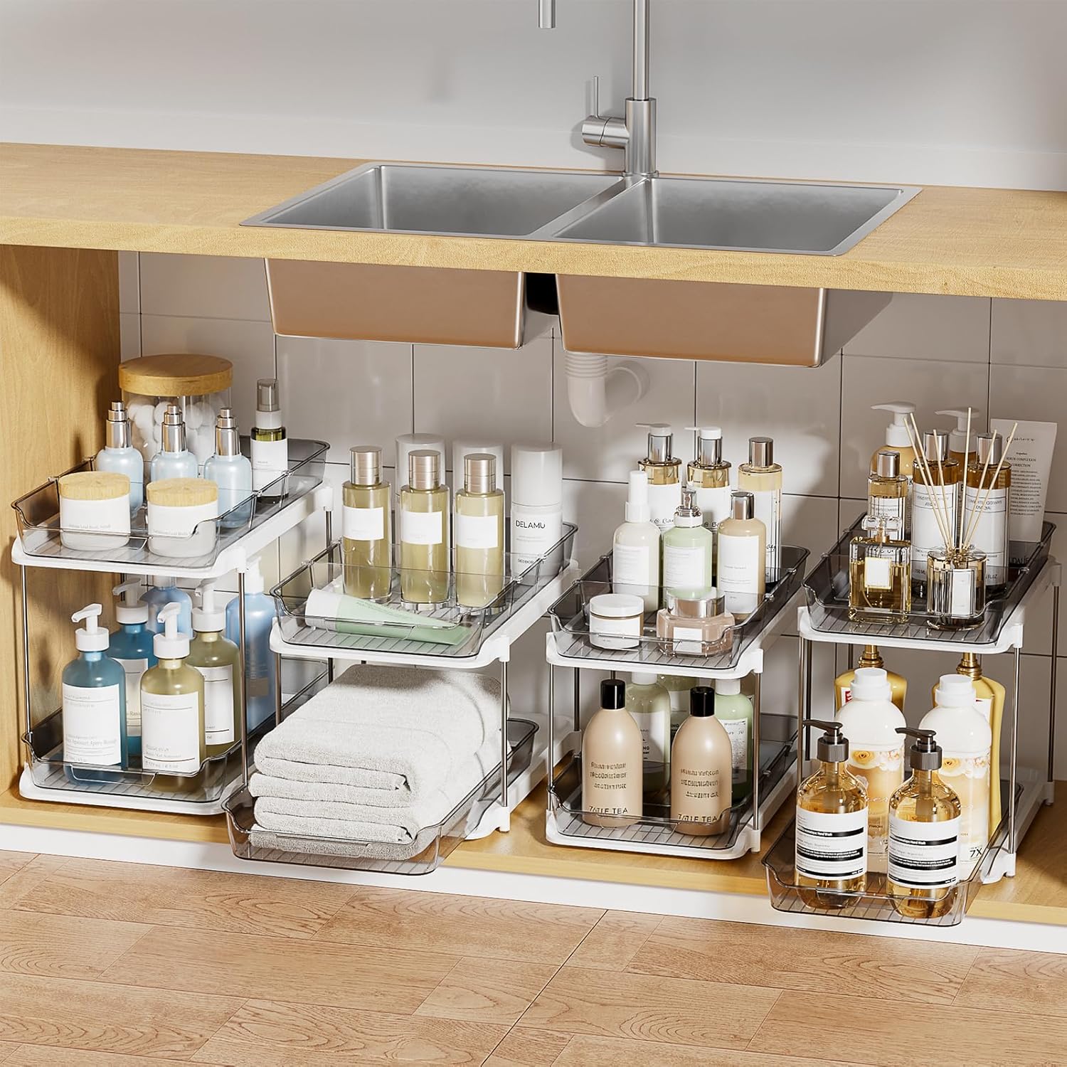 Transform Your Space with the 2-Tier Multi-Purpose Under Sink Organizers - Stackable and Versatile Storage Solution for Kitchen and Bathroom - 2 Pack in Sleek White