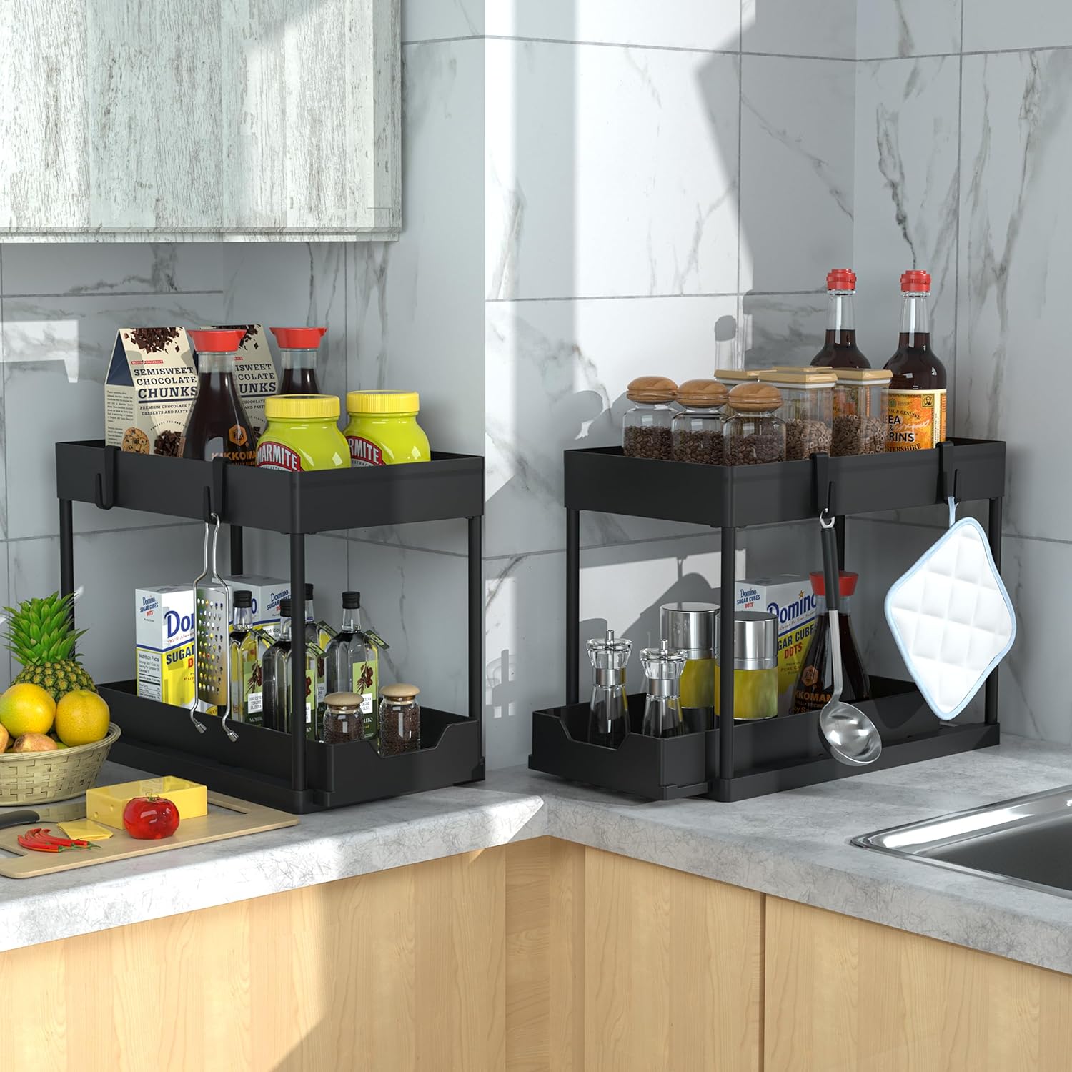 Maximize Your Space with Our 2-Tier Under Sink Organizer - Stylish Black Sliding Drawer Storage Baskets for Bathroom and Kitchen