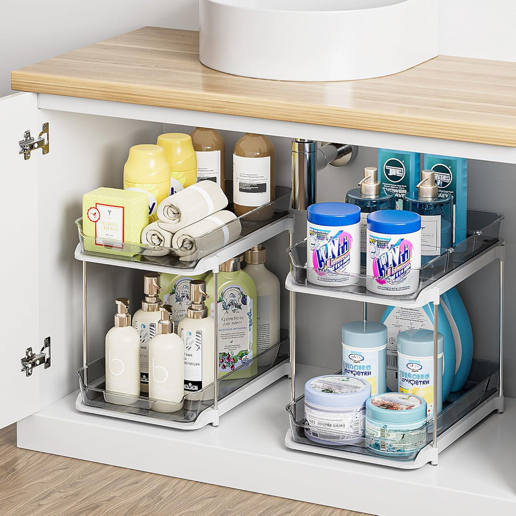 Transform Your Space with the 2-Tier Multi-Purpose Under Sink Organizers - Stackable and Versatile Storage Solution for Kitchen and Bathroom - 2 Pack in Sleek White