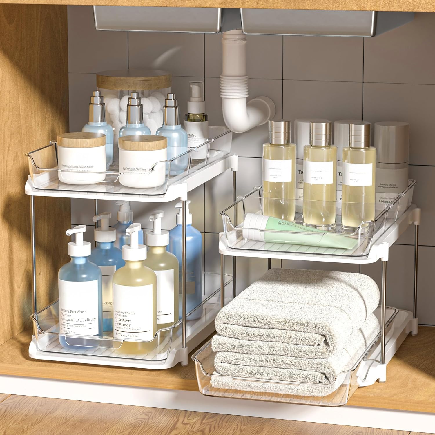Transform Your Space with the 2-Tier Multi-Purpose Under Sink Organizers - Stackable and Versatile Storage Solution for Kitchen and Bathroom - 2 Pack in Sleek White