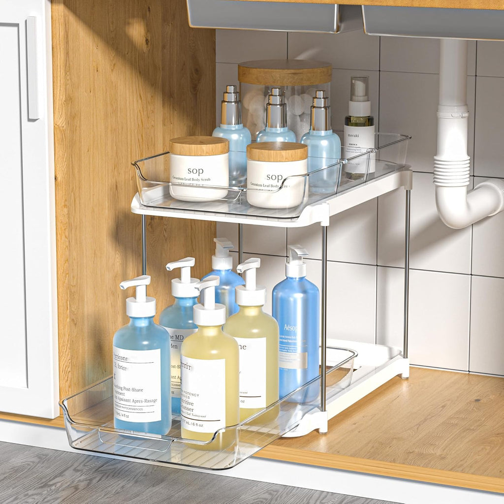 Transform Your Space with the 2-Tier Multi-Purpose Under Sink Organizers - Stackable and Versatile Storage Solution for Kitchen and Bathroom - 2 Pack in Sleek White