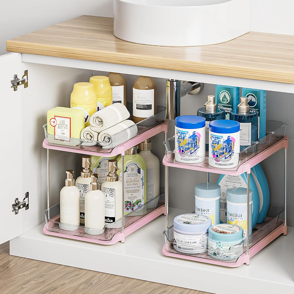 Transform Your Space with the 2-Tier Multi-Purpose Under Sink Organizers - Stackable and Versatile Storage Solution for Kitchen and Bathroom - 2 Pack in Sleek White