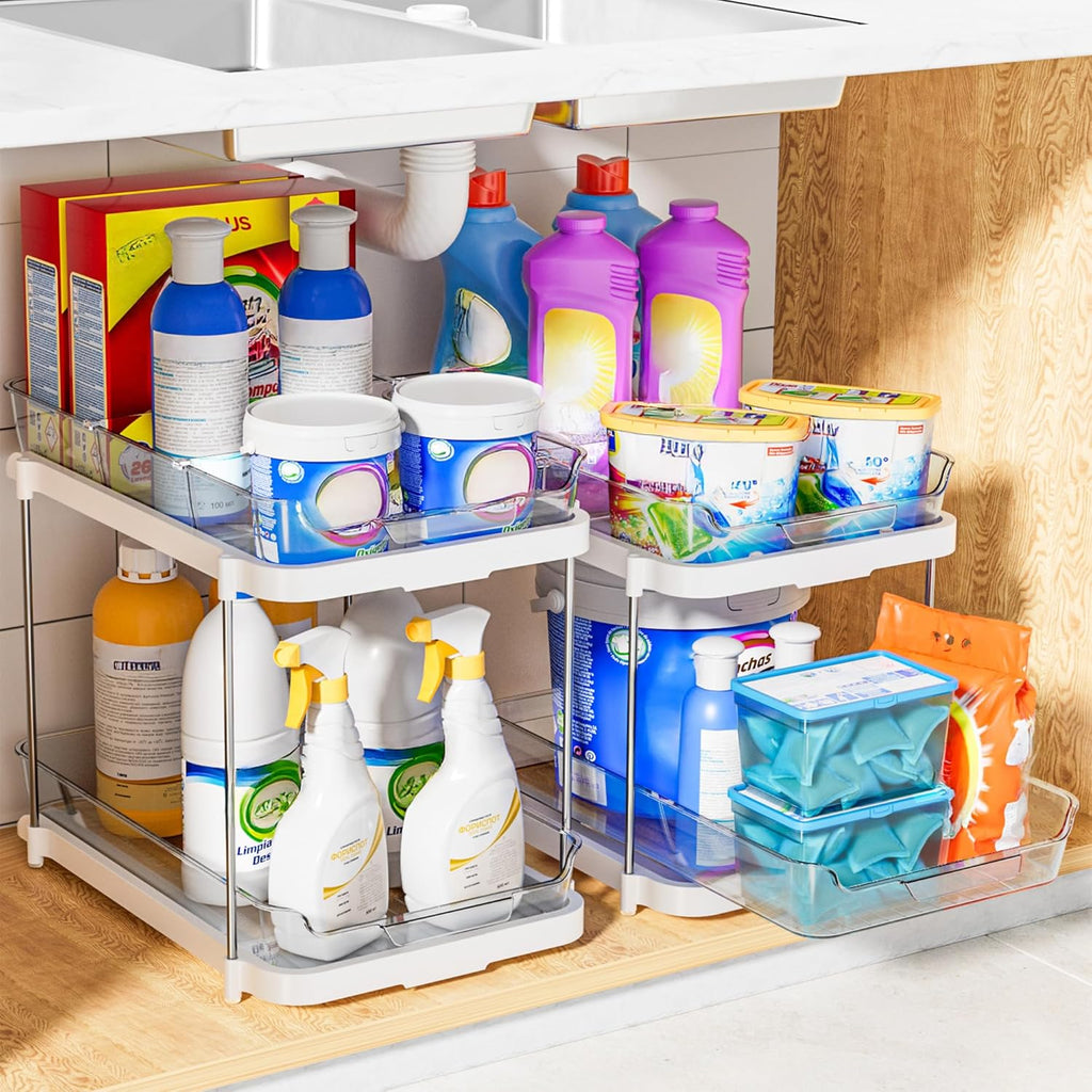 Transform Your Space with the 2-Tier Multi-Purpose Under Sink Organizers - Stackable and Versatile Storage Solution for Kitchen and Bathroom - 2 Pack in Sleek White