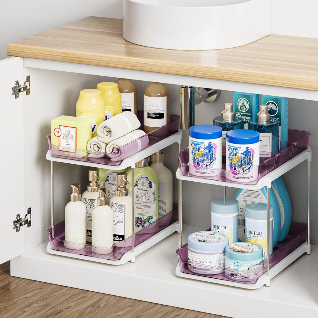 Transform Your Space with the 2-Tier Multi-Purpose Under Sink Organizers - Stackable and Versatile Storage Solution for Kitchen and Bathroom - 2 Pack in Sleek White