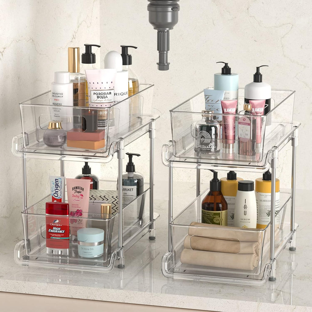 Versatile 2-Tier Clear Bathroom & Kitchen Organizer with Removable Dividers - Perfect for Under Sink and Pantry Storage