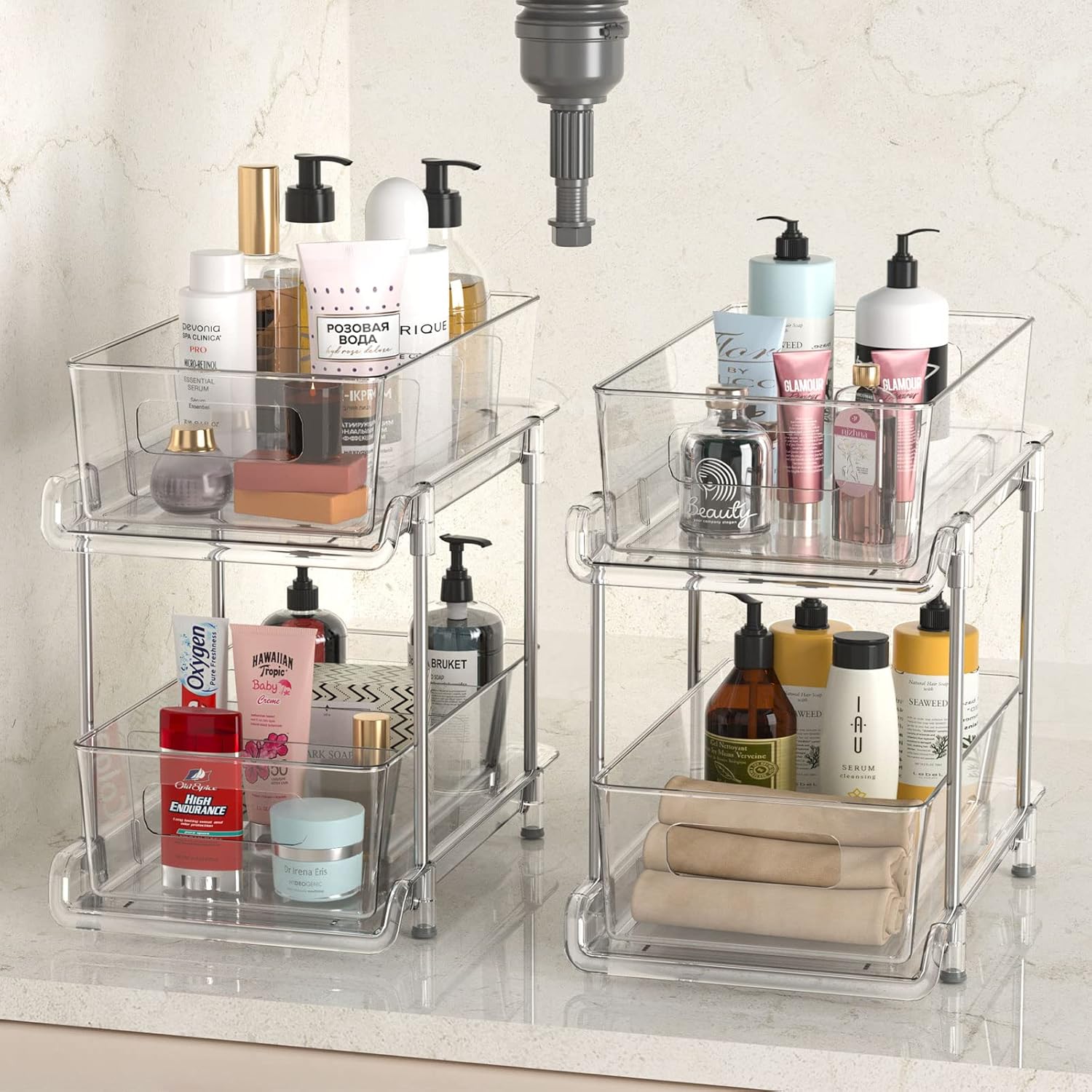 Versatile 2-Tier Clear Bathroom & Kitchen Organizer with Removable Dividers - Perfect for Under Sink and Pantry Storage