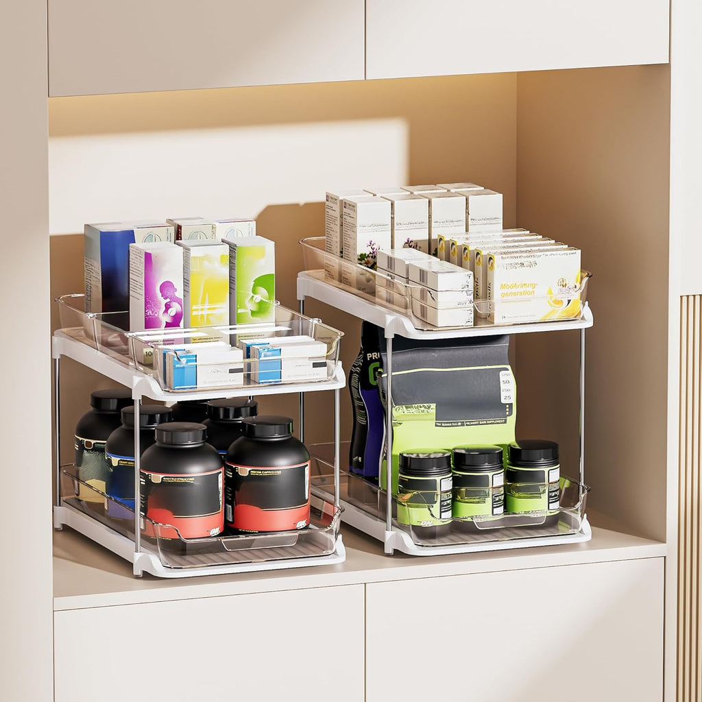 Transform Your Space with the 2-Tier Multi-Purpose Under Sink Organizers - Stackable and Versatile Storage Solution for Kitchen and Bathroom - 2 Pack in Sleek White
