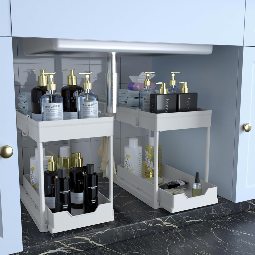 Maximize Your Space with Our 2-Tier Under Sink Organizer - Stylish Black Sliding Drawer Storage Baskets for Bathroom and Kitchen
