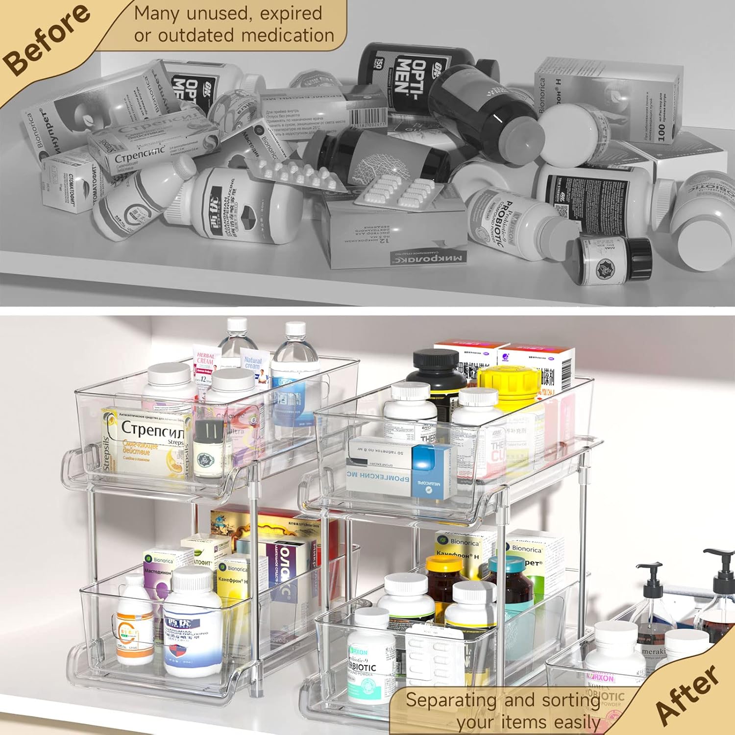 Versatile 2-Tier Clear Bathroom & Kitchen Organizer with Removable Dividers - Perfect for Under Sink and Pantry Storage