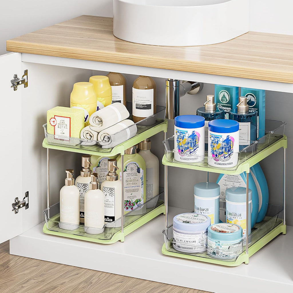 Transform Your Space with the 2-Tier Multi-Purpose Under Sink Organizers - Stackable and Versatile Storage Solution for Kitchen and Bathroom - 2 Pack in Sleek White