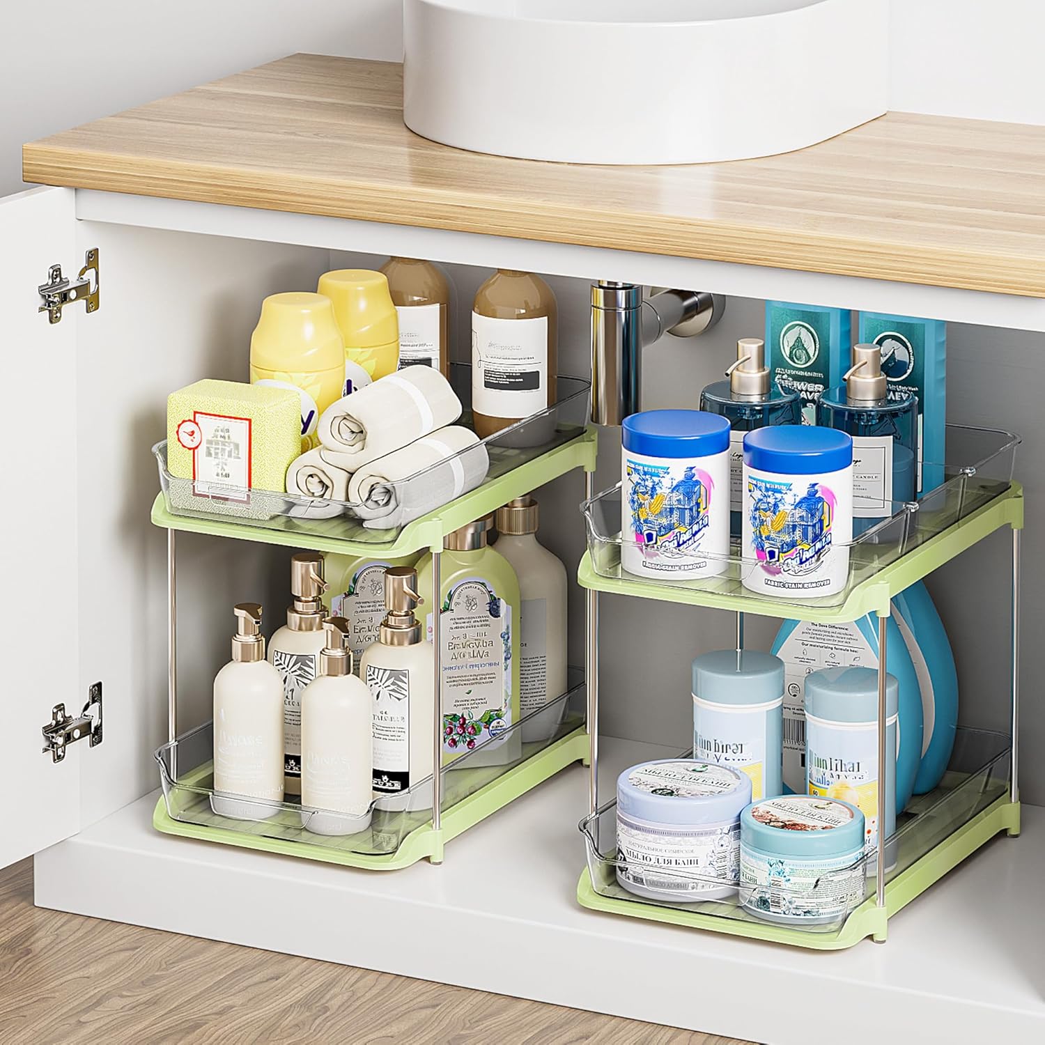 Transform Your Space with the 2-Tier Multi-Purpose Under Sink Organizers - Stackable and Versatile Storage Solution for Kitchen and Bathroom - 2 Pack in Sleek White