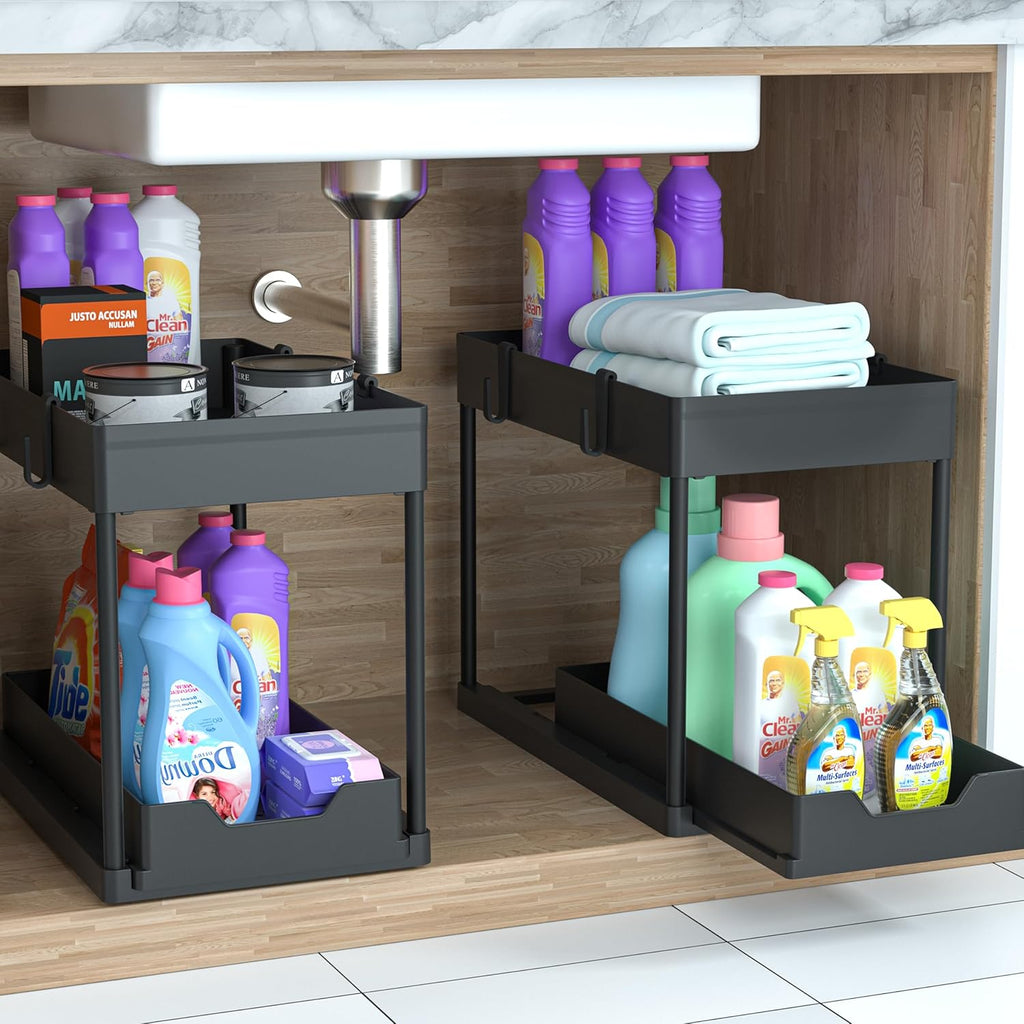 Maximize Your Space with Our 2-Tier Under Sink Organizer - Stylish Black Sliding Drawer Storage Baskets for Bathroom and Kitchen