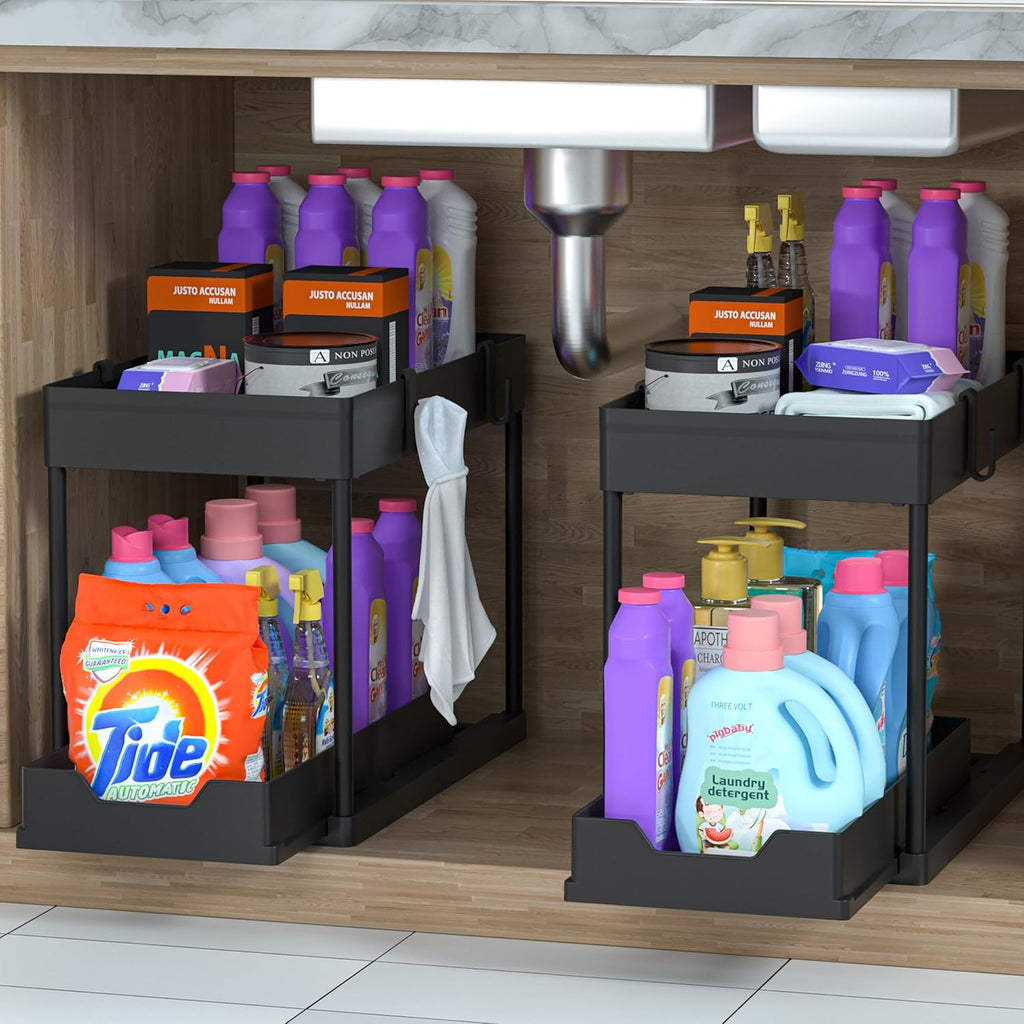 Maximize Your Space with Our 2-Tier Under Sink Organizer - Stylish Black Sliding Drawer Storage Baskets for Bathroom and Kitchen