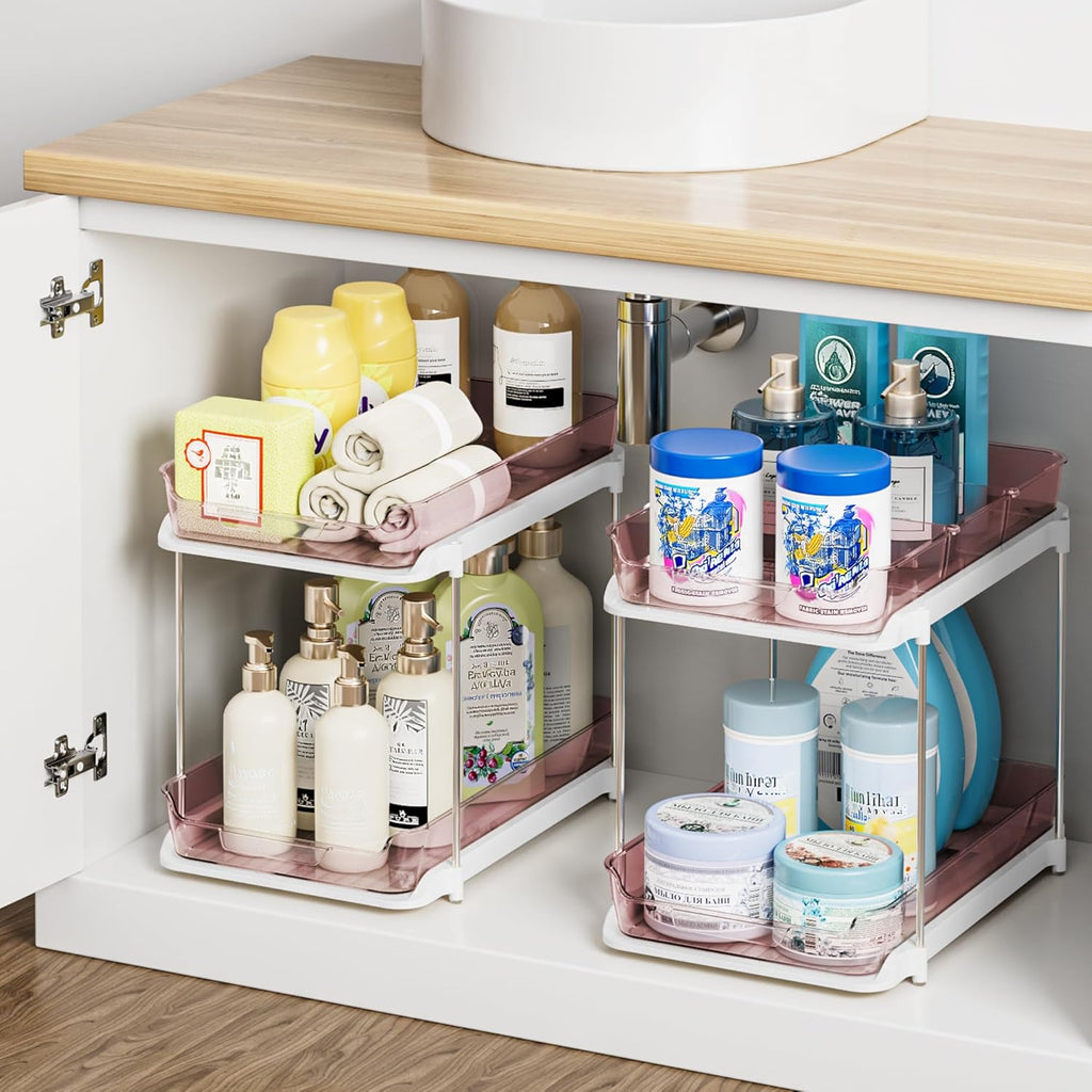 Transform Your Space with the 2-Tier Multi-Purpose Under Sink Organizers - Stackable and Versatile Storage Solution for Kitchen and Bathroom - 2 Pack in Sleek White