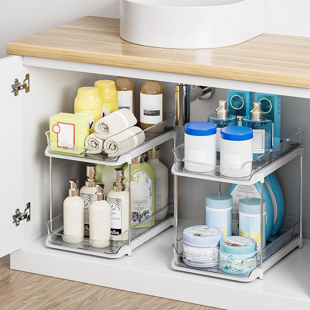 Transform Your Space with the 2-Tier Multi-Purpose Under Sink Organizers - Stackable and Versatile Storage Solution for Kitchen and Bathroom - 2 Pack in Sleek White