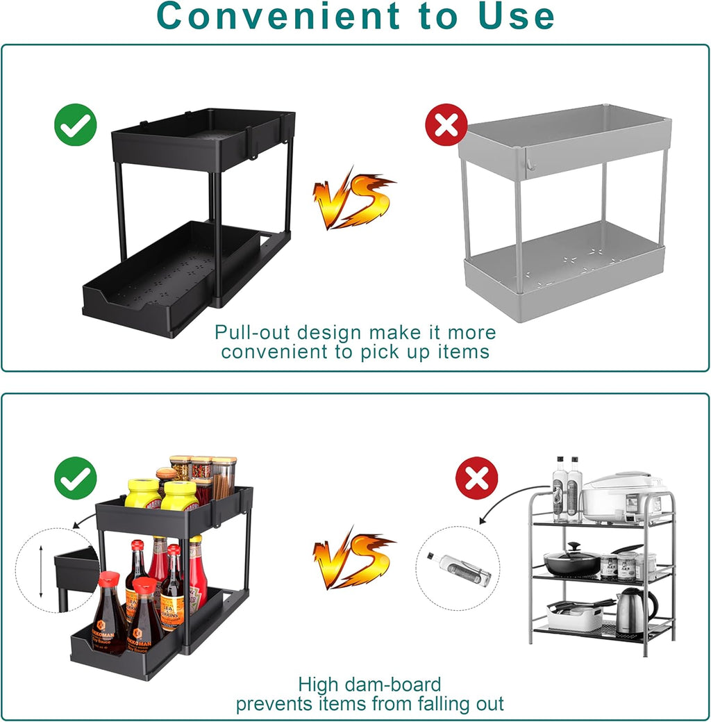 Maximize Your Space with Our 2-Tier Under Sink Organizer - Stylish Black Sliding Drawer Storage Baskets for Bathroom and Kitchen