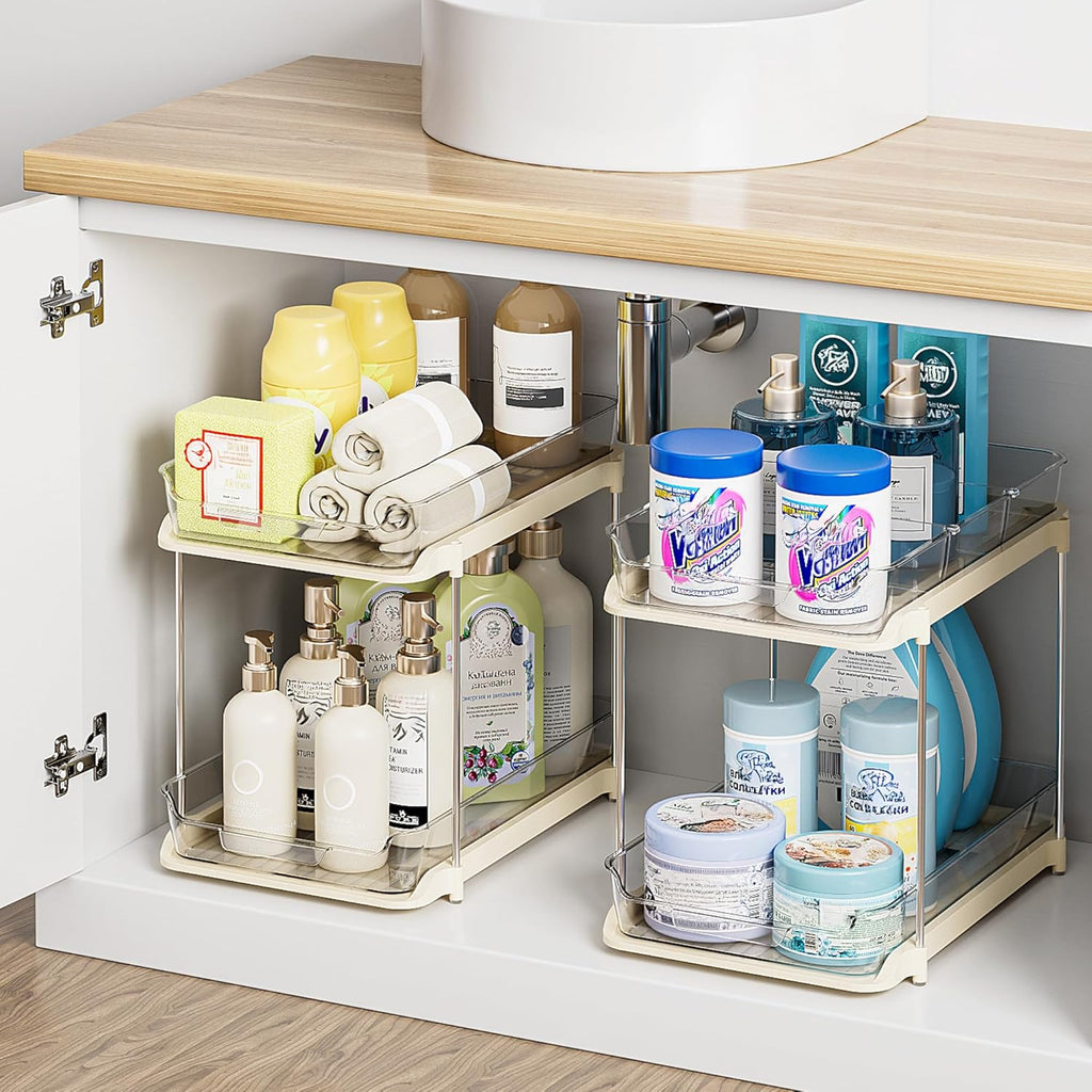 Transform Your Space with the 2-Tier Multi-Purpose Under Sink Organizers - Stackable and Versatile Storage Solution for Kitchen and Bathroom - 2 Pack in Sleek White