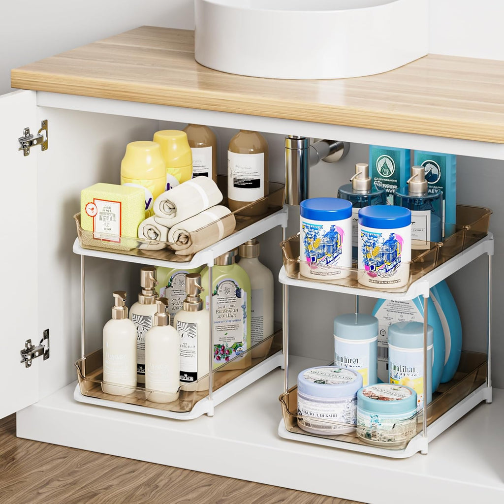 Transform Your Space with the 2-Tier Multi-Purpose Under Sink Organizers - Stackable and Versatile Storage Solution for Kitchen and Bathroom - 2 Pack in Sleek White