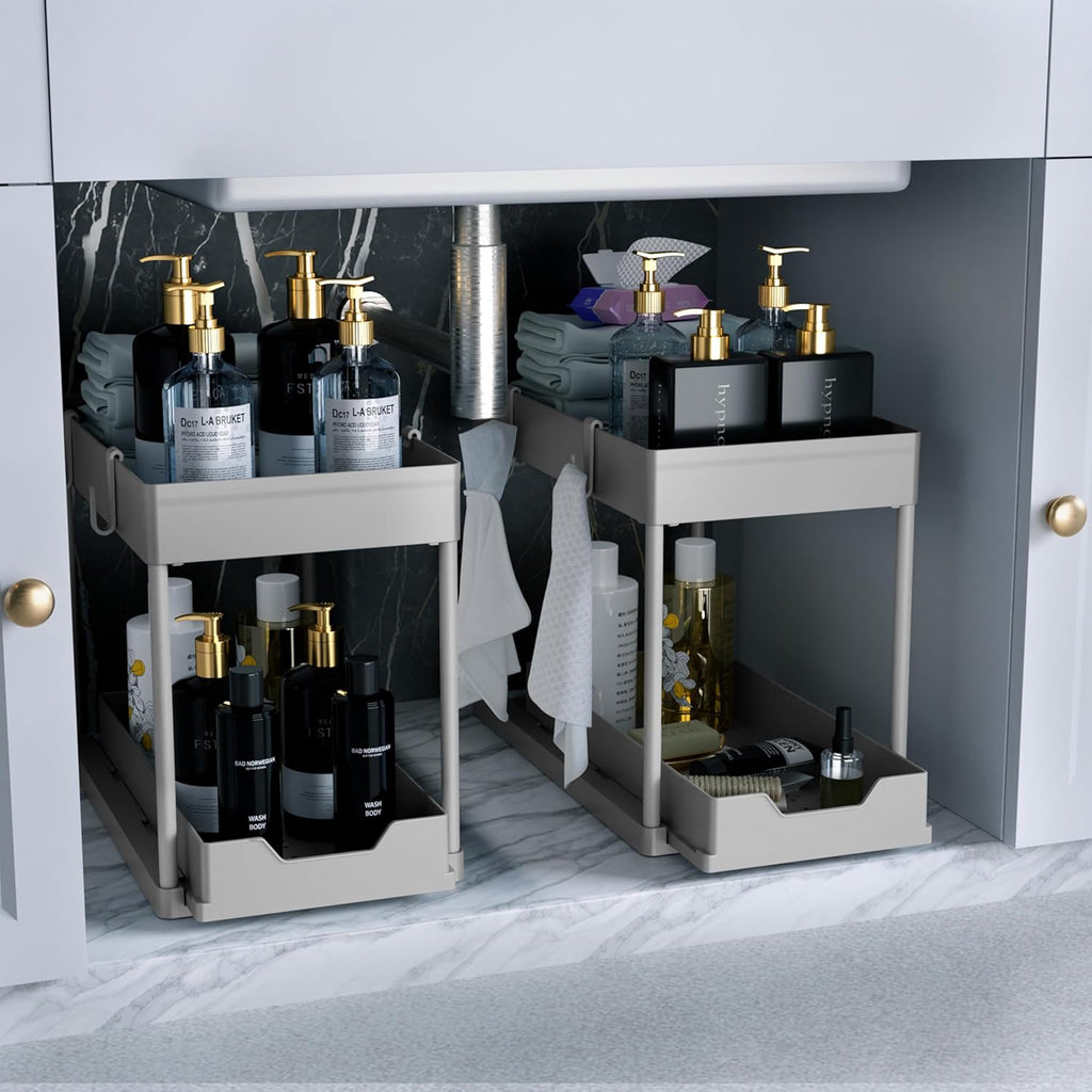 Maximize Your Space with Our 2-Tier Under Sink Organizer - Stylish Black Sliding Drawer Storage Baskets for Bathroom and Kitchen