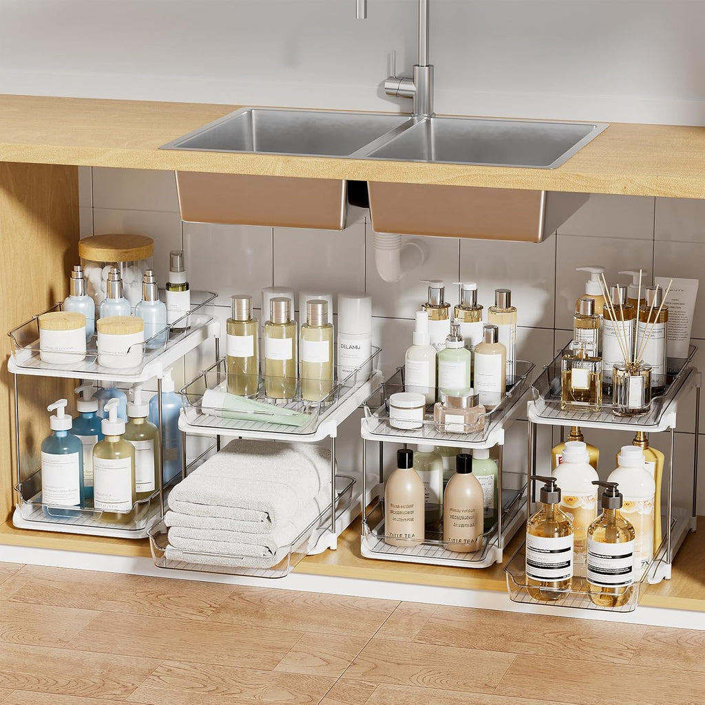 Transform Your Space with the 2-Tier Multi-Purpose Under Sink Organizers - Stackable and Versatile Storage Solution for Kitchen and Bathroom - 2 Pack in Sleek White
