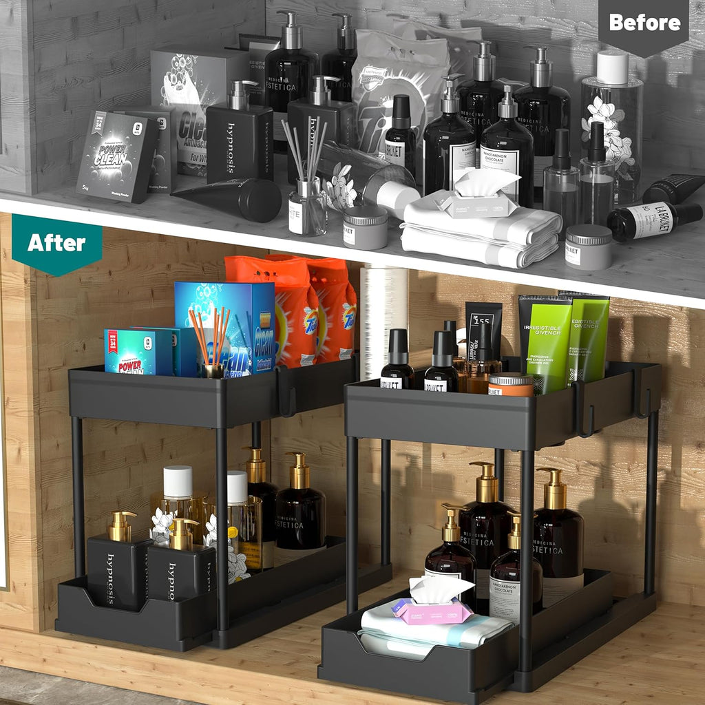 Maximize Your Space with Our 2-Tier Under Sink Organizer - Stylish Black Sliding Drawer Storage Baskets for Bathroom and Kitchen