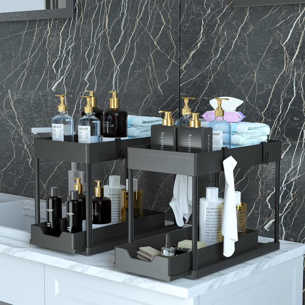 Maximize Your Space with Our 2-Tier Under Sink Organizer - Stylish Black Sliding Drawer Storage Baskets for Bathroom and Kitchen
