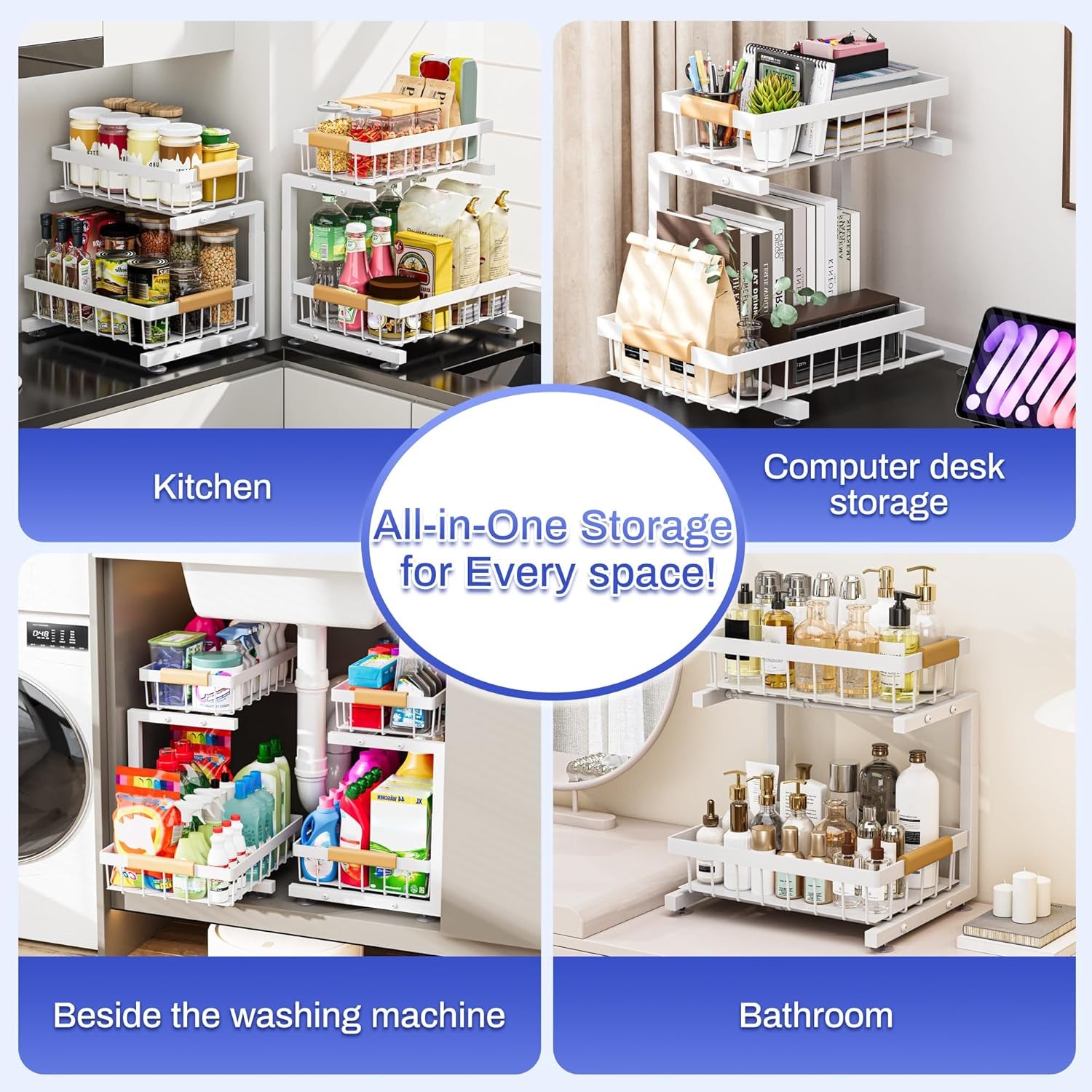 Maximize Your Space with Our Expandable Under Sink Organizer - 2 Tier White Storage Solution