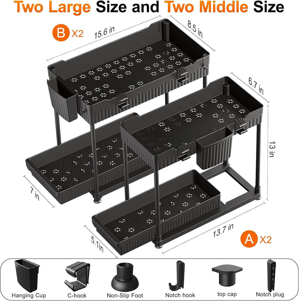 4 Pack under Sink Organizer, Bathroom Organizers and Storage, 2 Tier Multi-Use Pull Out Cabinet Organizer with Hang Hooks and Cups (Black, 4 Pack)