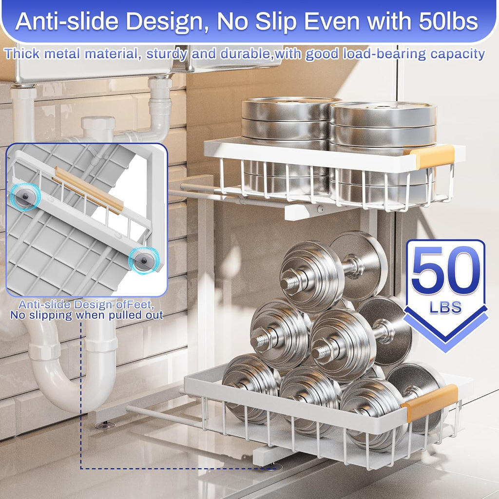 Maximize Your Space with Our Expandable Under Sink Organizer - 2 Tier White Storage Solution