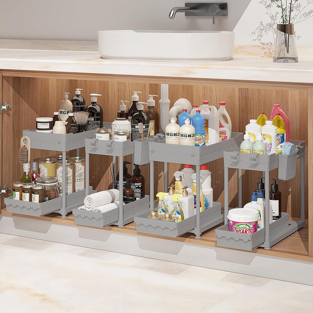 4 Pack under Sink Organizer, Bathroom Organizers and Storage, 2 Tier Multi-Use Pull Out Cabinet Organizer with Hang Hooks and Cups (Black, 4 Pack)