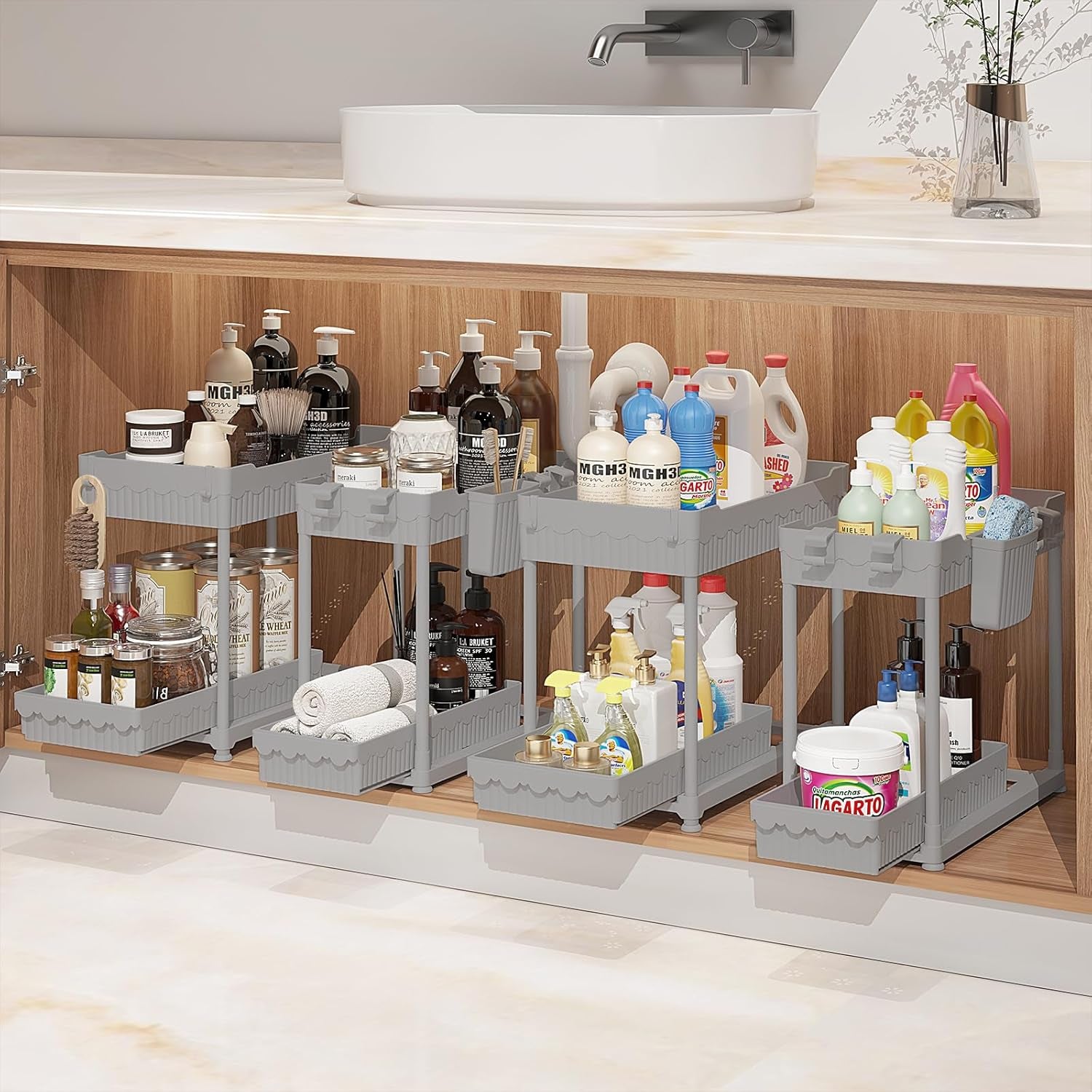 4 Pack under Sink Organizer, Bathroom Organizers and Storage, 2 Tier Multi-Use Pull Out Cabinet Organizer with Hang Hooks and Cups (Black, 4 Pack)