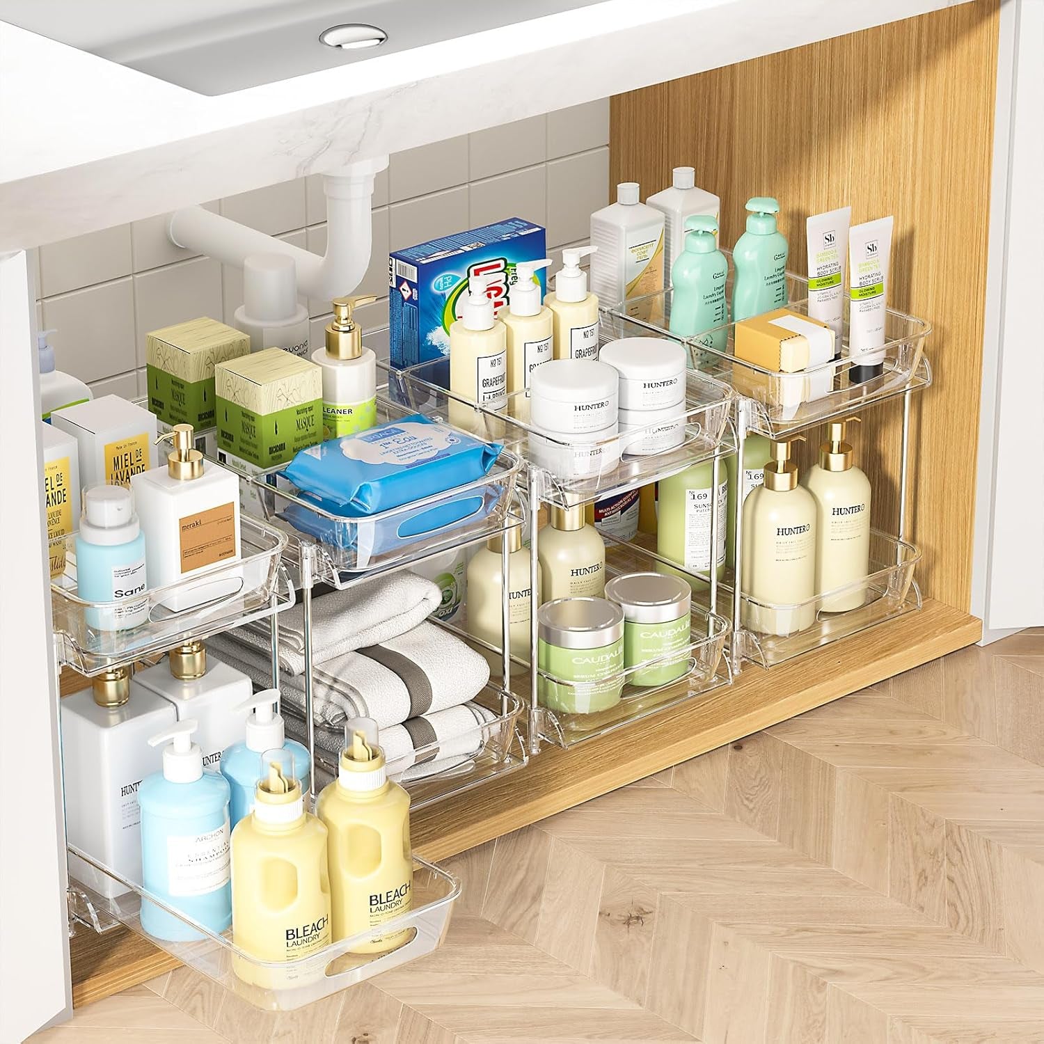 4 Pack under Sink Organizer, Bathroom Organizers and Storage, 2 Tier Multi-Use Pull Out Cabinet Organizer with Hang Hooks and Cups (Black, 4 Pack)